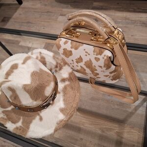 Cow Print Cowgirl Hat With Matching Leather Handbag